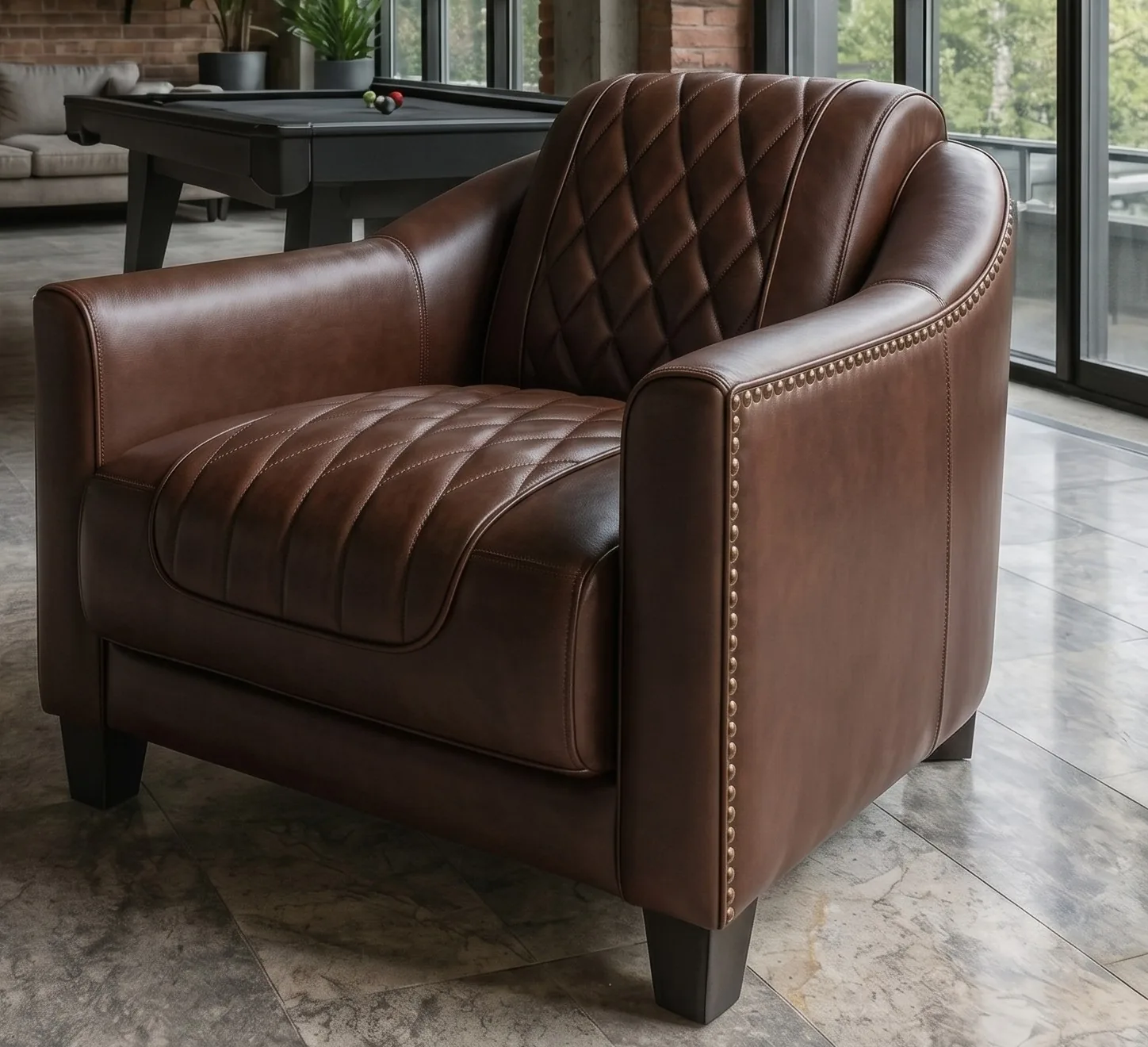 Brown leather club chair after colour restoration